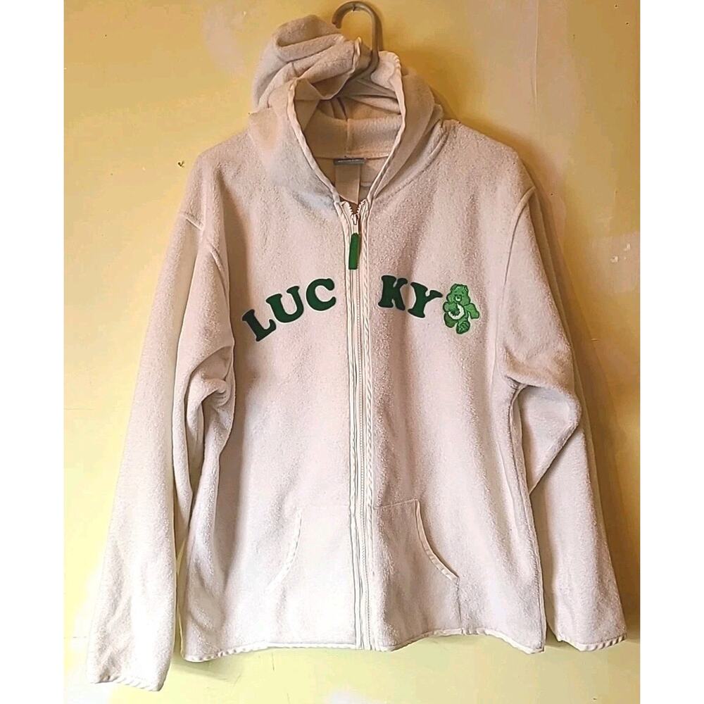 Vintage Y2K women's XL Care Bears Good Luck Bear Off-white Fleece Jacket hooded